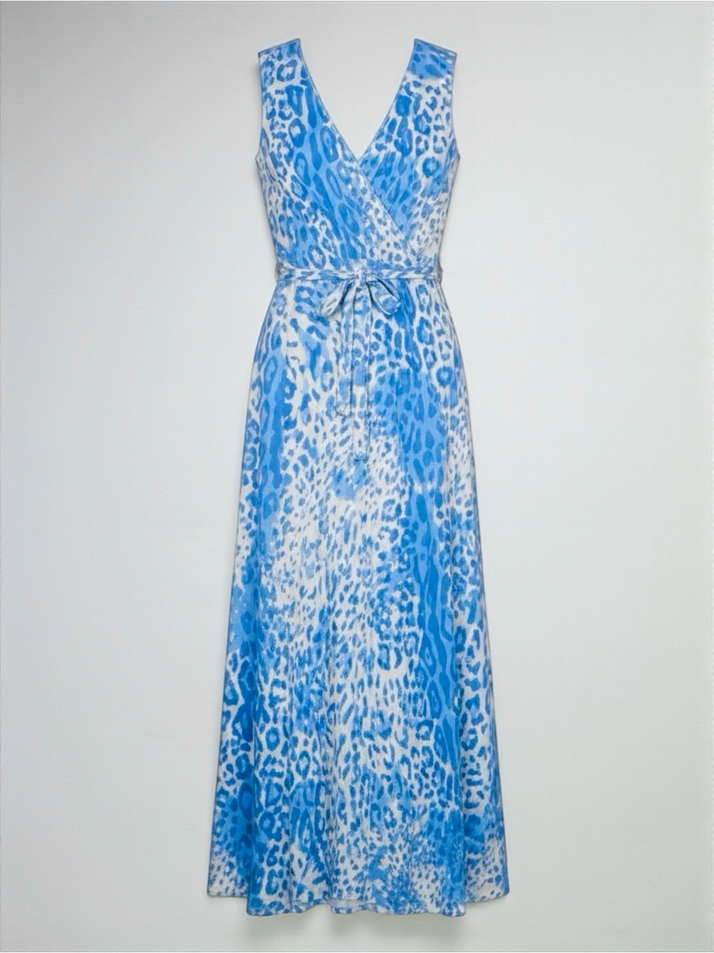 Beth & Tracie Blue Leopard Print Wrap Maxi Dress Size S NWOT
